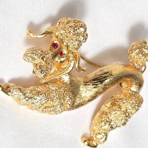 Vintage Signed Monet Gold Poodle Brooch, Red Rhinestone Eye Dog Pin